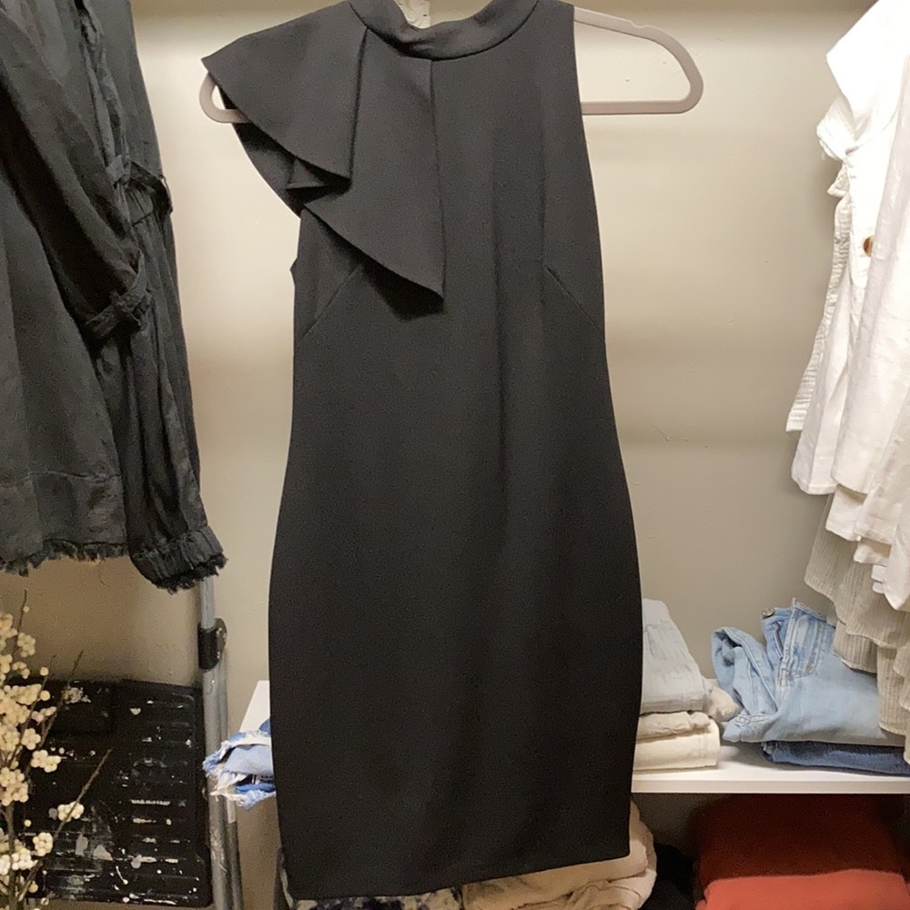 Short black formal dress with ruffle detail